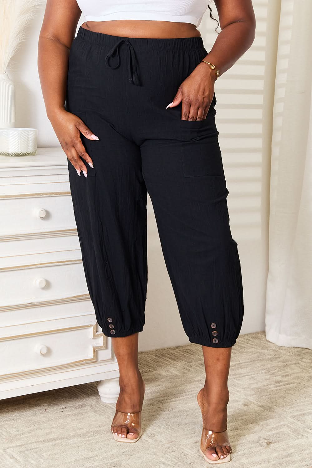 Shiny Decorative Button Cropped Pants - ShalayeFashion