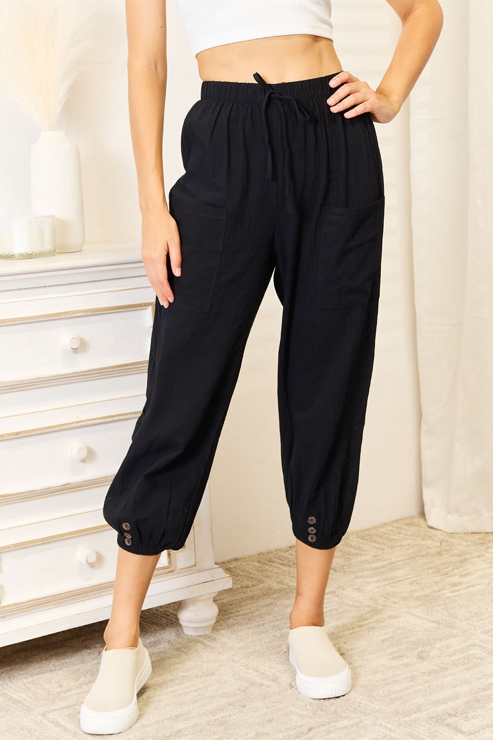 Shiny Decorative Button Cropped Pants - ShalayeFashion