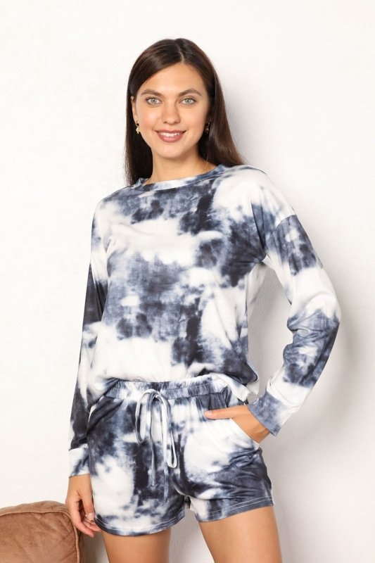 Shiny Tie - Dye Round Neck Top and Shorts Lounge Set - ShalayeFashion