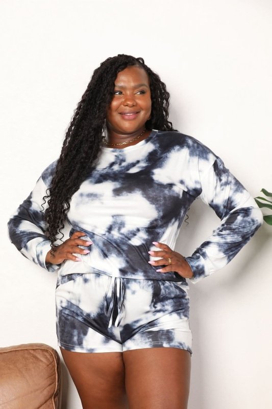Shiny Tie - Dye Round Neck Top and Shorts Lounge Set - ShalayeFashion