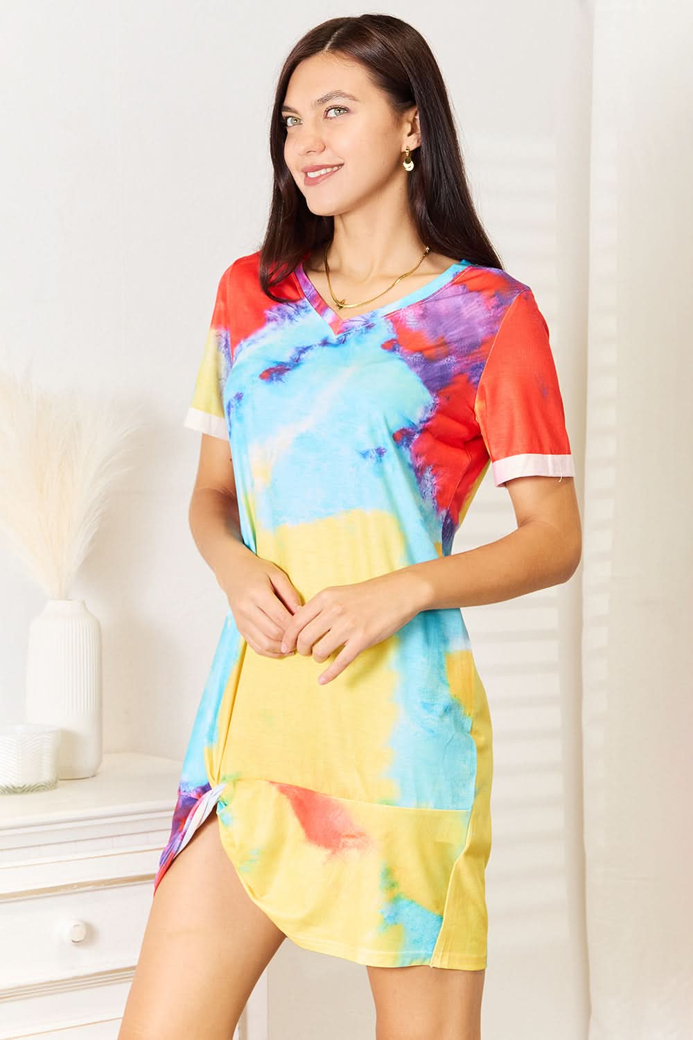 Shiny Tie - Dye V - Neck Twisted Dress - ShalayeFashion