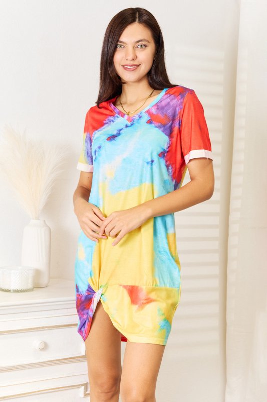 Shiny Tie - Dye V - Neck Twisted Dress - ShalayeFashion