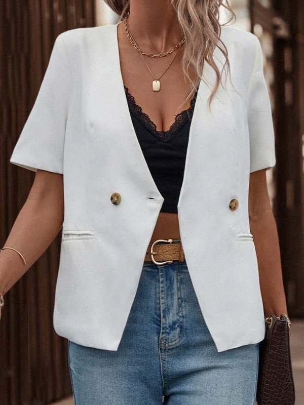 Shiny Two - Button Short Sleeve Pocket Blazer - ShalayeFashion