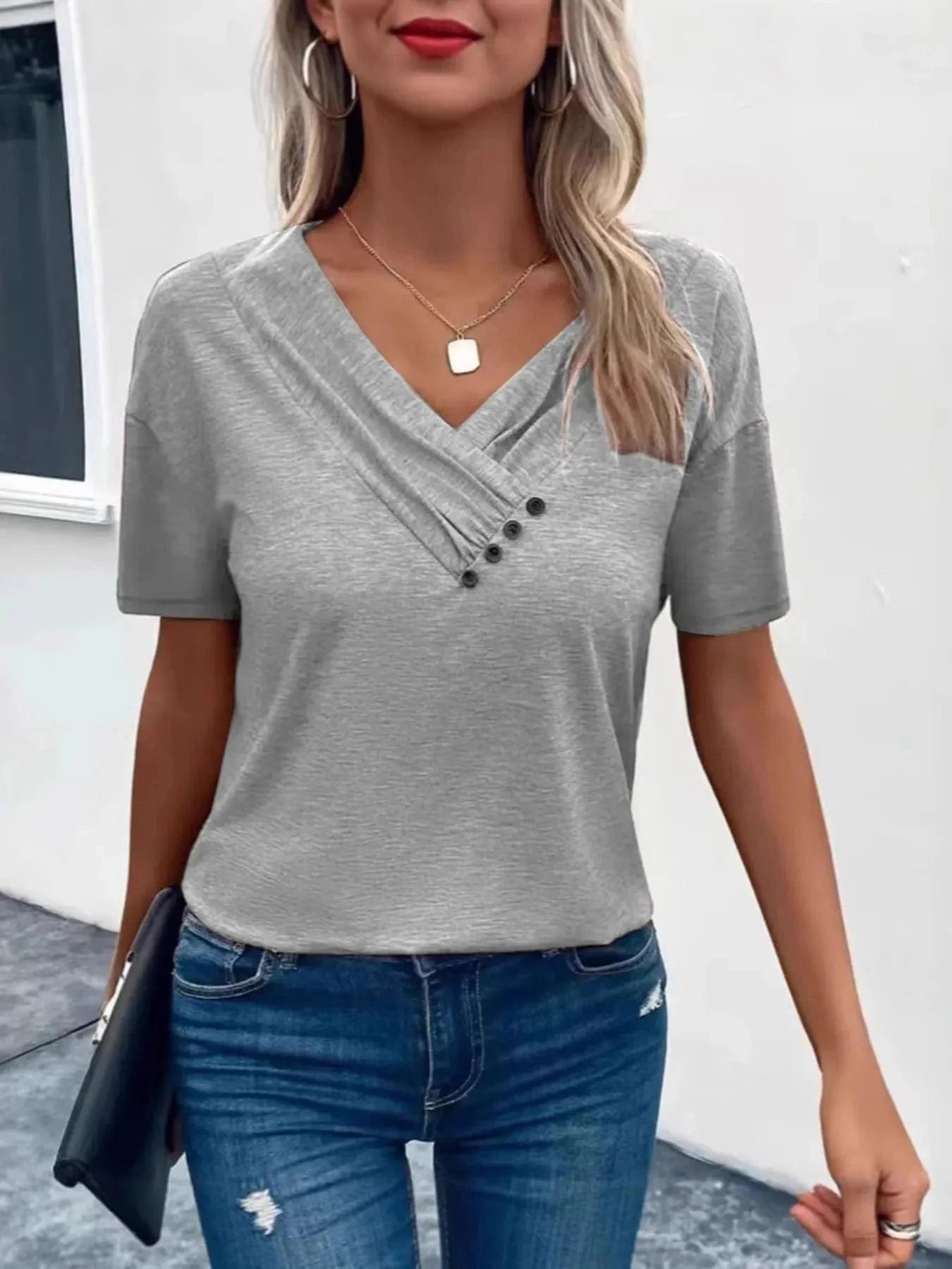 Short Sleeve V - Neck Ruched T-Shirt - ShalayeFashion