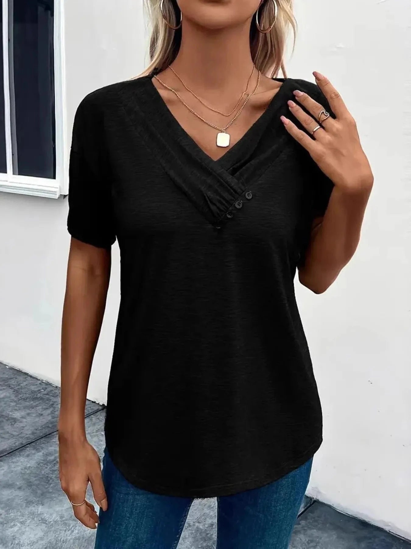 Short Sleeve V - Neck Ruched T-Shirt - ShalayeFashion