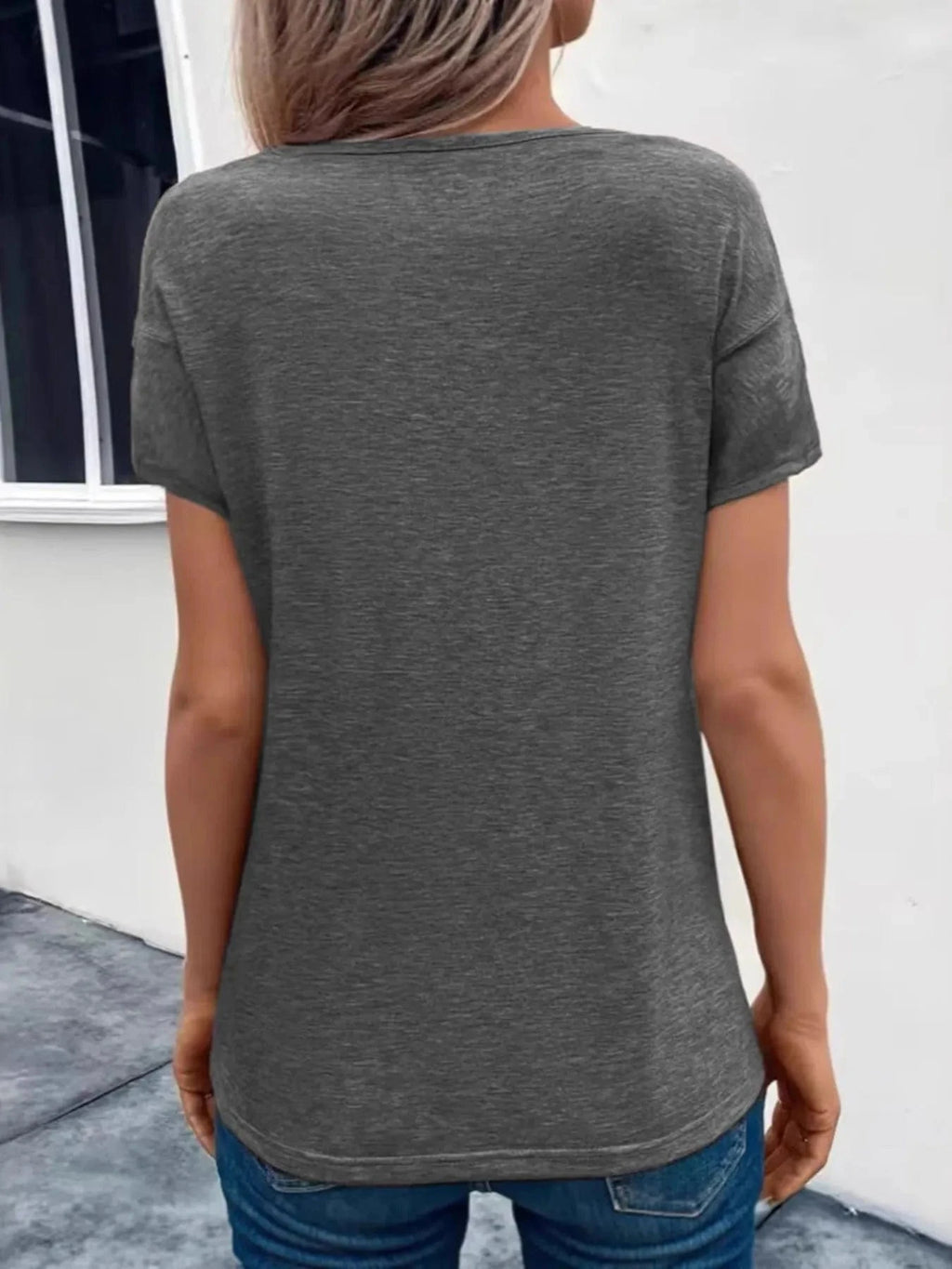 Short Sleeve V - Neck Ruched T-Shirt - ShalayeFashion