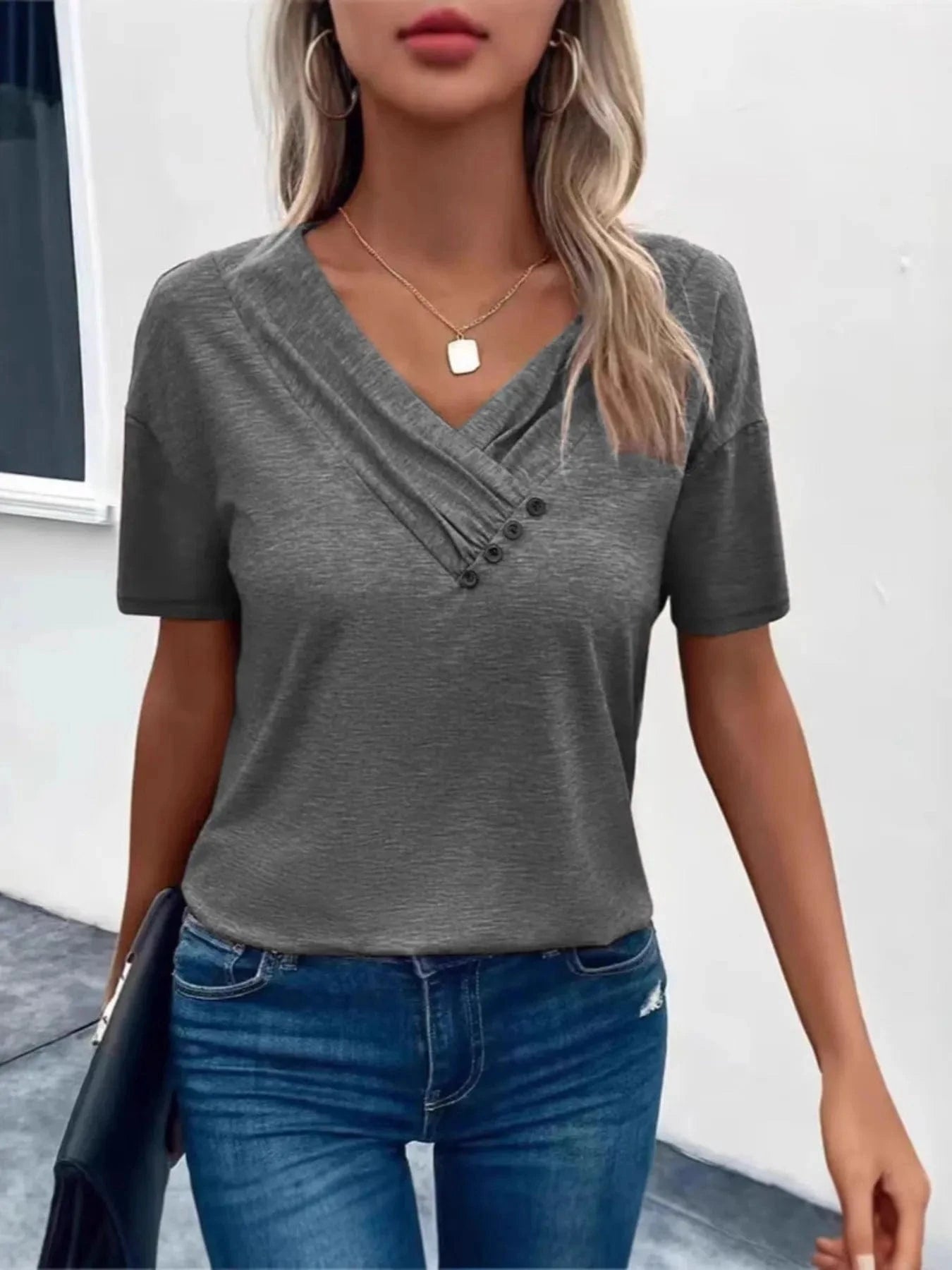 Short Sleeve V - Neck Ruched T-Shirt - ShalayeFashion