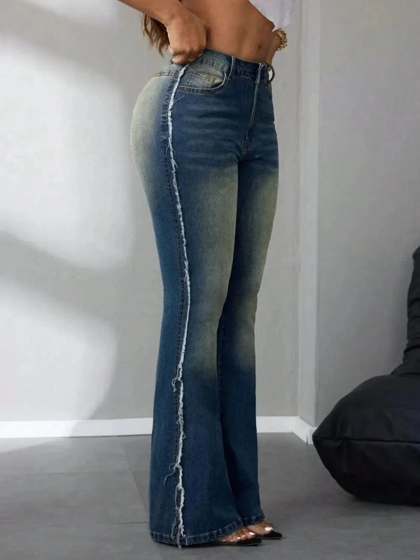 Side Raw Hem Flare Jeans - ShalayeFashion