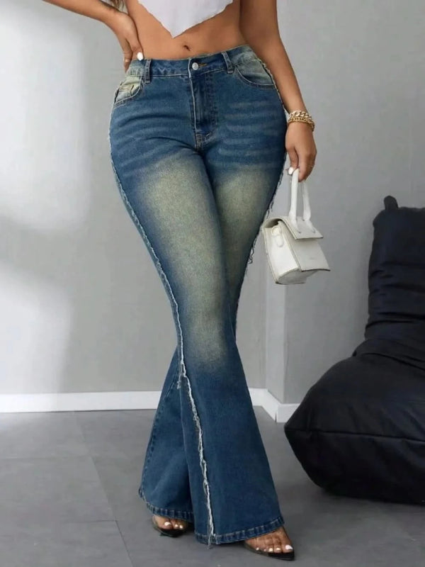 Side Raw Hem Flare Jeans - ShalayeFashion