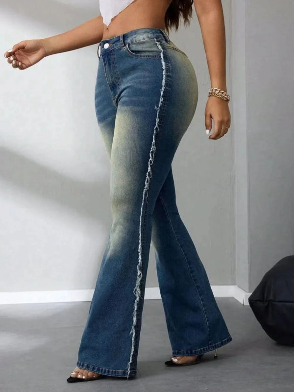 Side Raw Hem Flare Jeans - ShalayeFashion