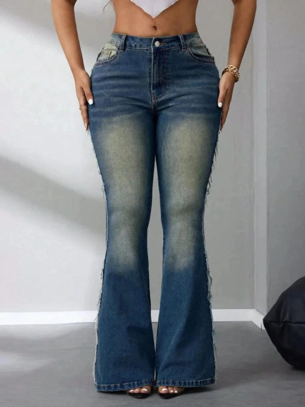 Side Raw Hem Flare Jeans - ShalayeFashion