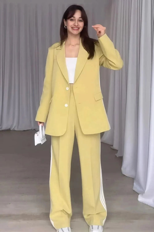 Side Striped Long Sleeve Blazer and Pants Set - ShalayeFashion