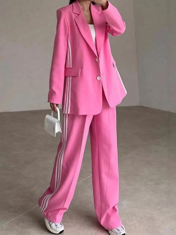 Side Striped Long Sleeve Blazer and Pants Set - ShalayeFashion