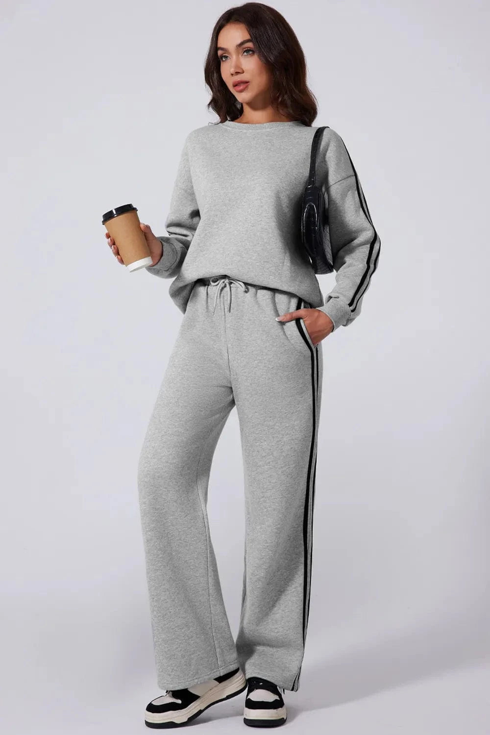Side Striped Round Neck Top and Pants Active Set - ShalayeFashion