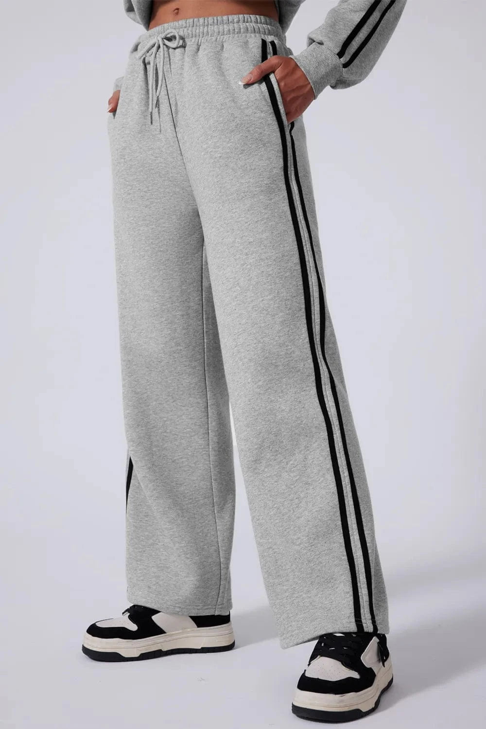 Side Striped Round Neck Top and Pants Active Set - ShalayeFashion