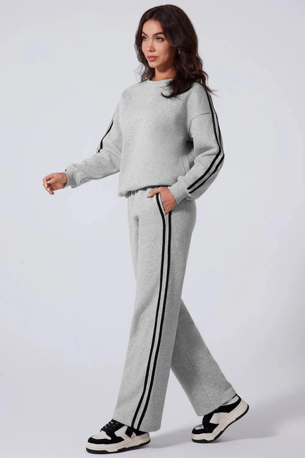 Side Striped Round Neck Top and Pants Active Set - ShalayeFashion