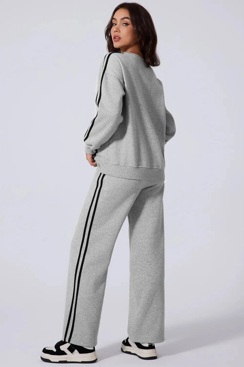 Side Striped Round Neck Top and Pants Active Set - ShalayeFashion