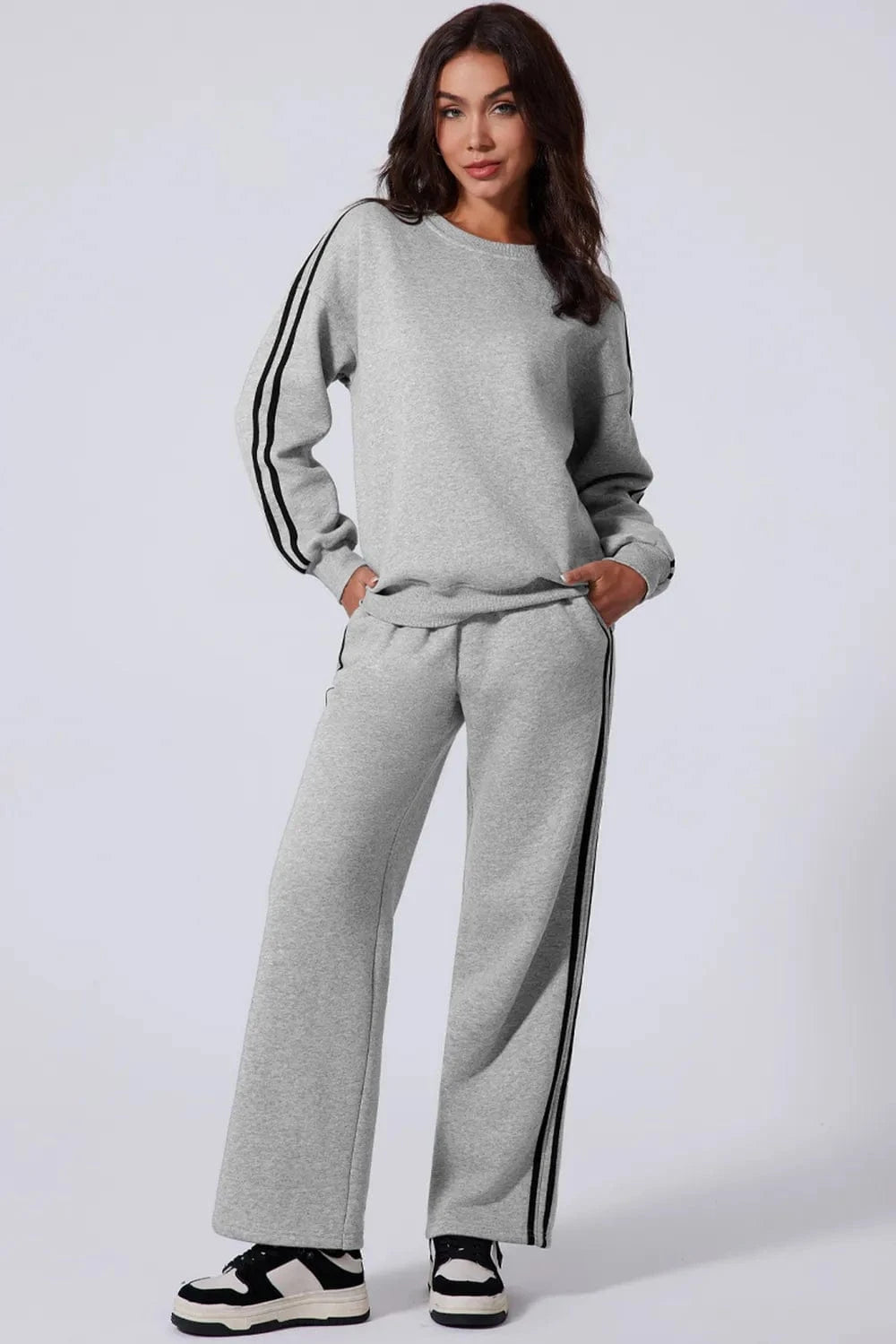 Side Striped Round Neck Top and Pants Active Set - ShalayeFashion