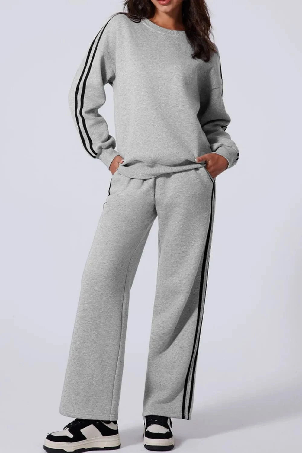 Side Striped Round Neck Top and Pants Active Set - ShalayeFashion