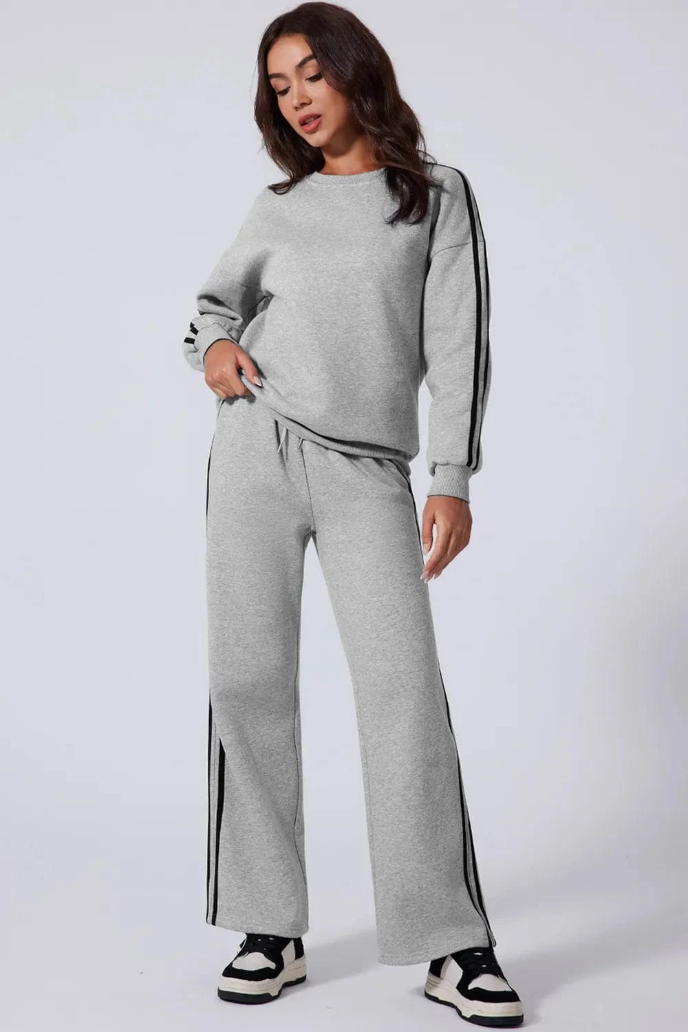 Side Striped Round Neck Top and Pants Active Set - ShalayeFashion