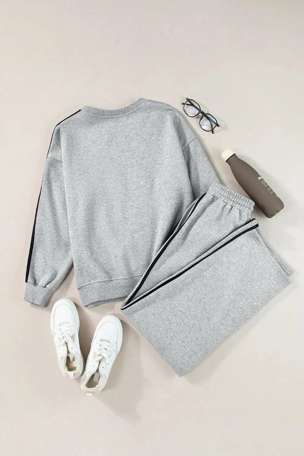 Side Striped Round Neck Top and Pants Active Set - ShalayeFashion