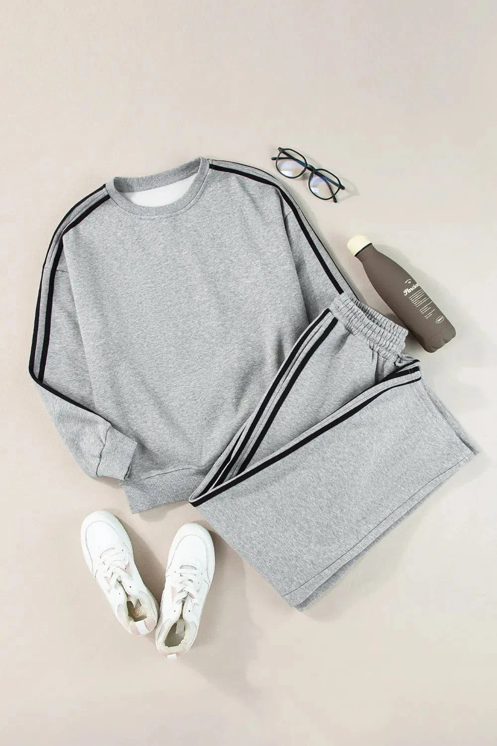 Side Striped Round Neck Top and Pants Active Set - ShalayeFashion