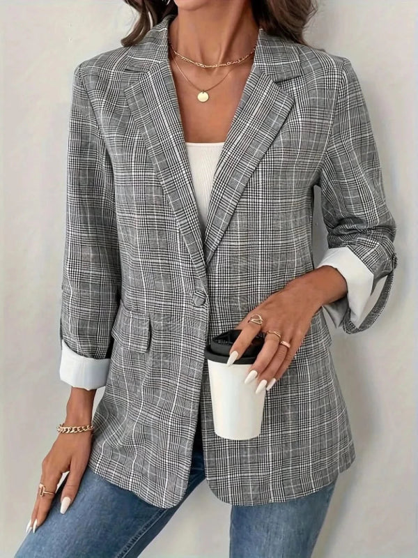 Single - Breasted Lapel Collar Plaid Blazer - ShalayeFashion