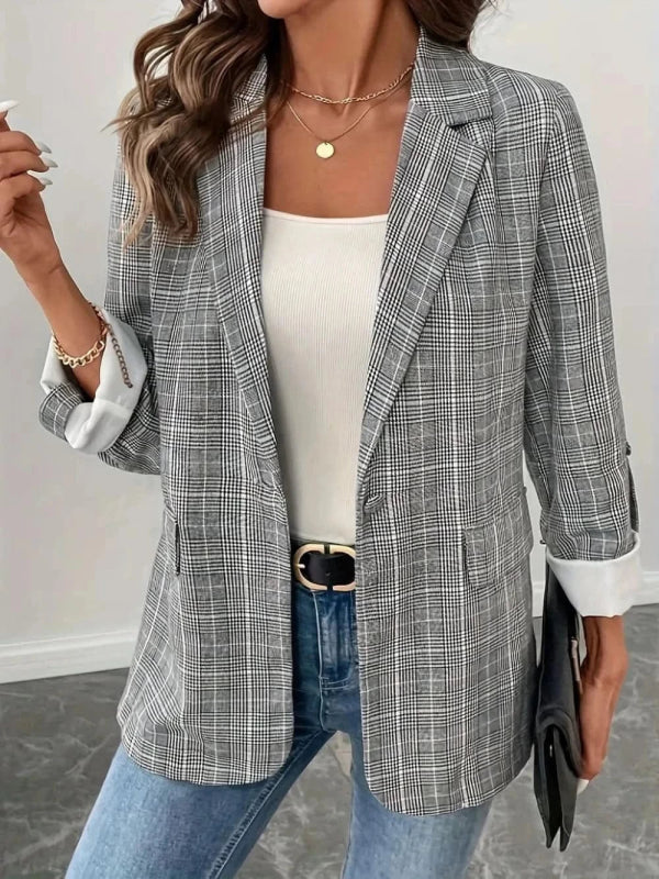 Single - Breasted Lapel Collar Plaid Blazer - ShalayeFashion