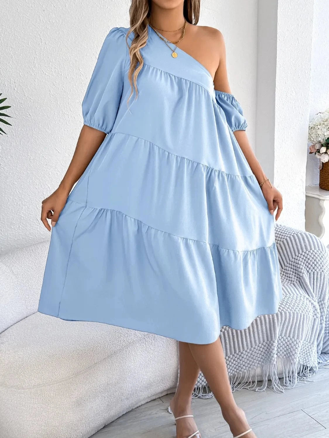Single Shoulder Tiered Dress - ShalayeFashion
