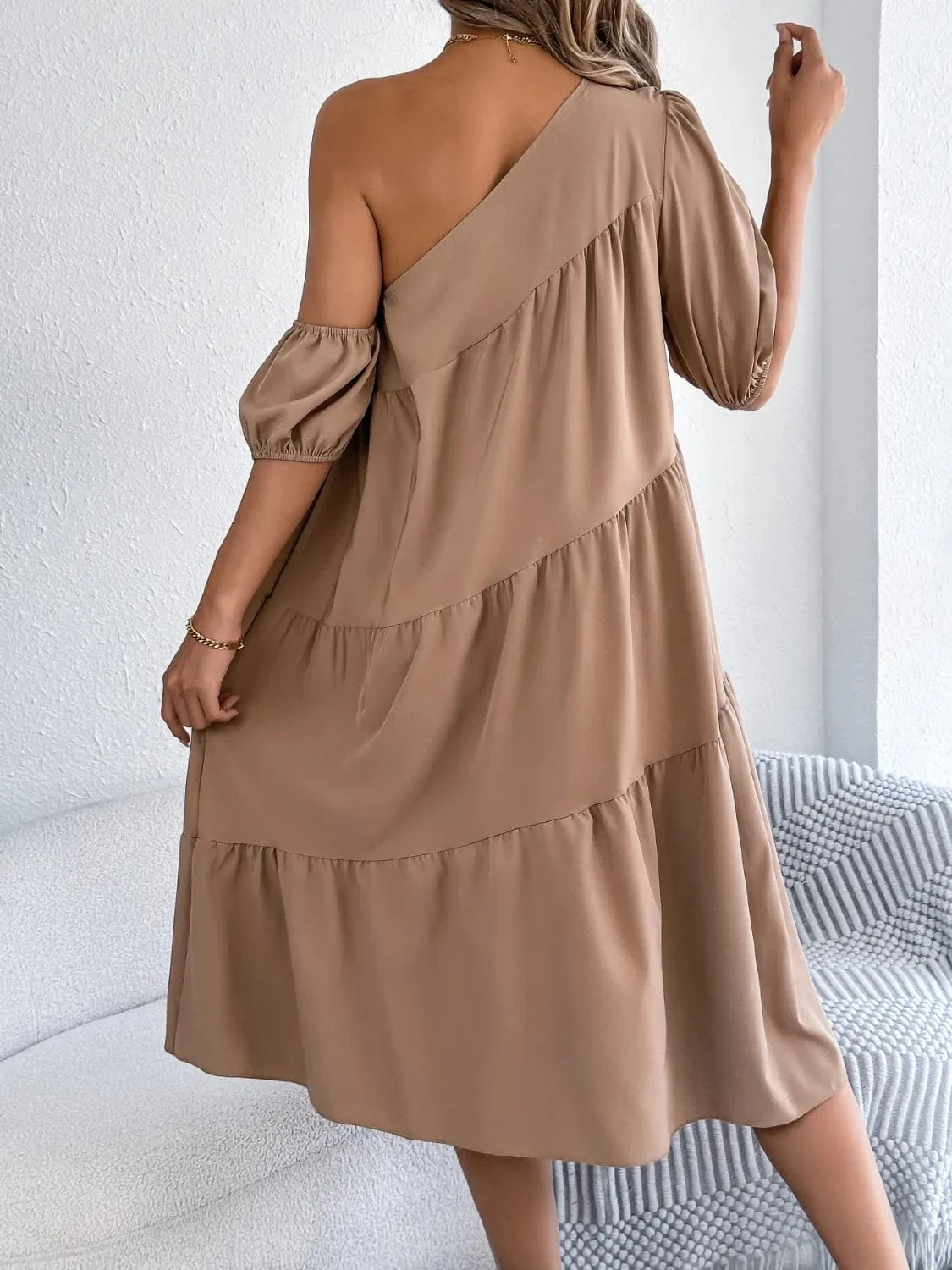 Single Shoulder Tiered Dress - ShalayeFashion