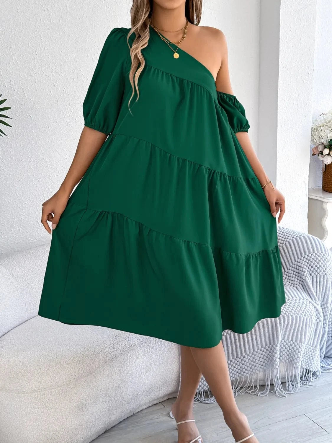 Single Shoulder Tiered Dress - ShalayeFashion