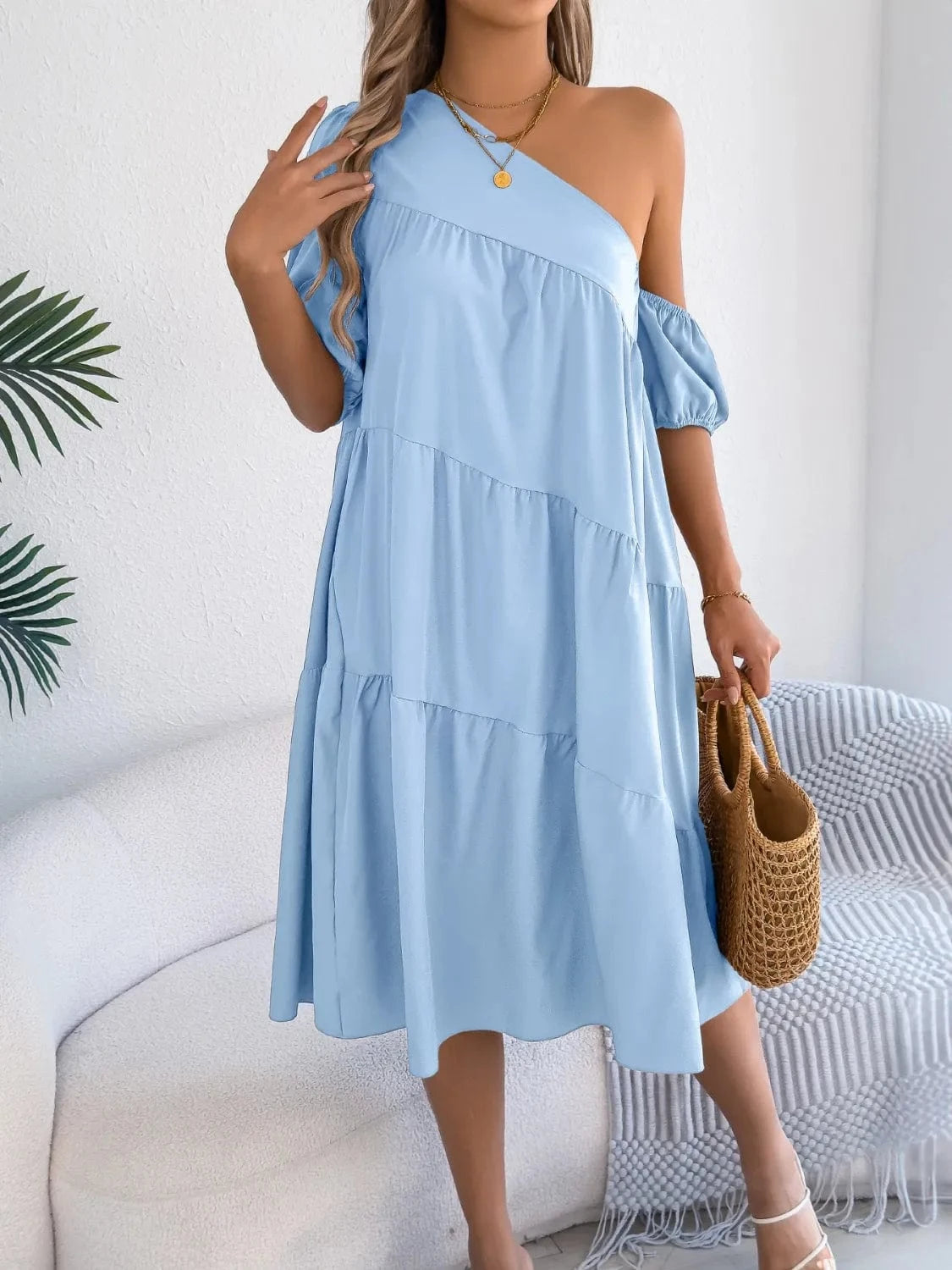 Single Shoulder Tiered Dress - ShalayeFashion