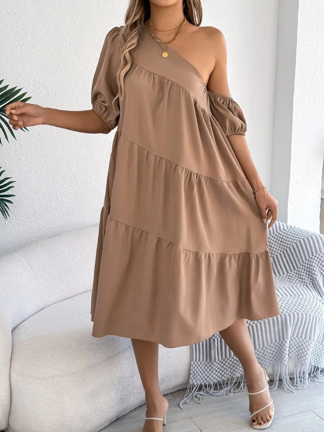Single Shoulder Tiered Dress - ShalayeFashion
