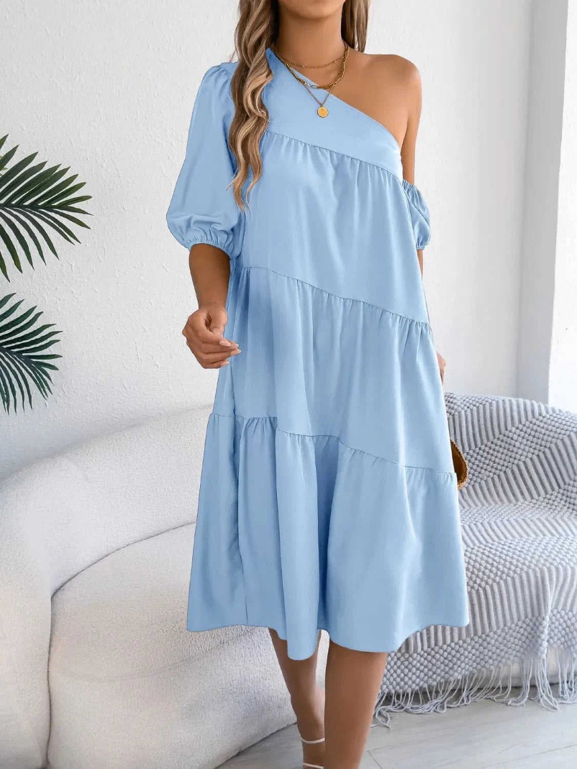 Single Shoulder Tiered Dress - ShalayeFashion
