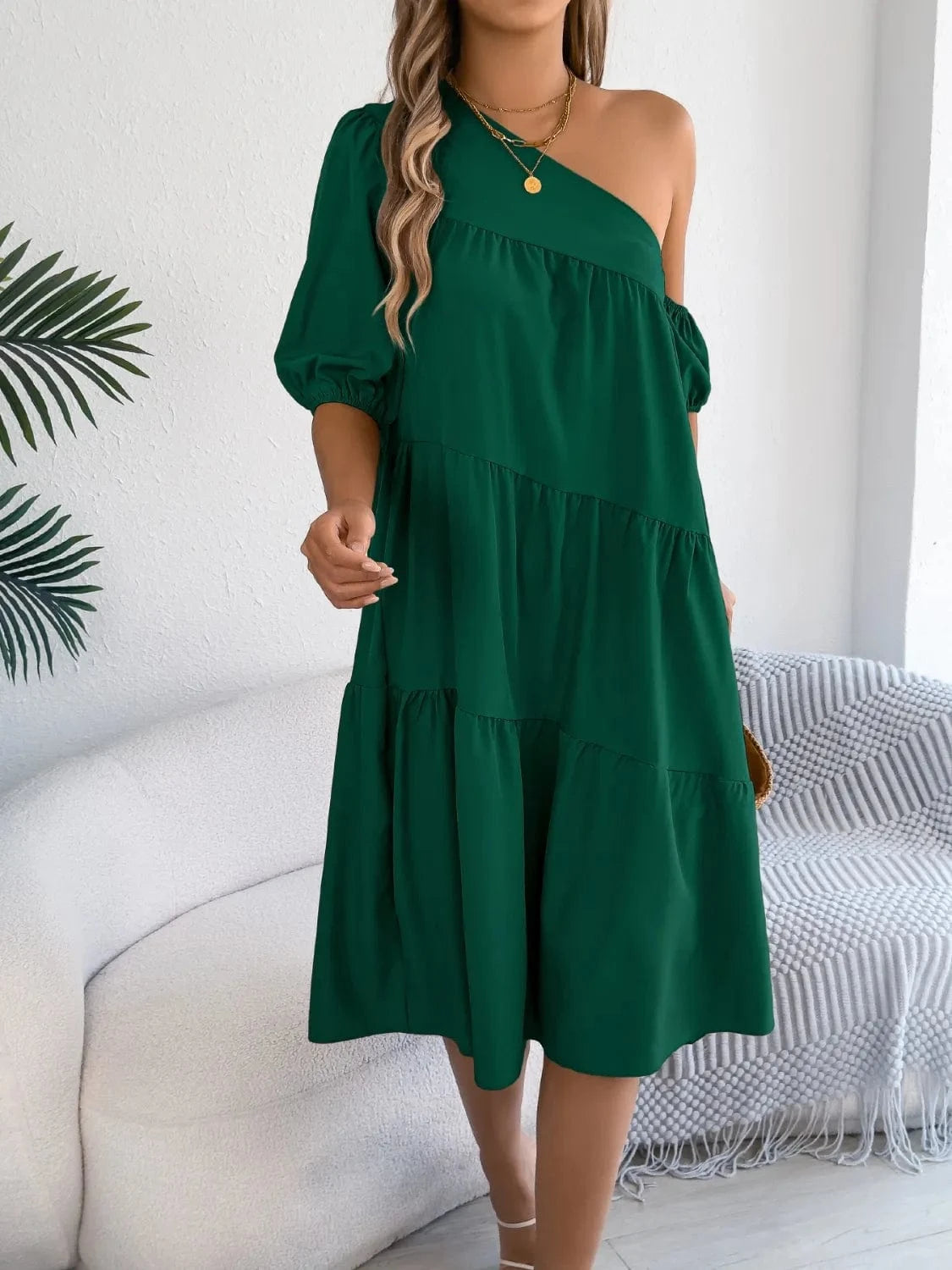 Single Shoulder Tiered Dress - ShalayeFashion