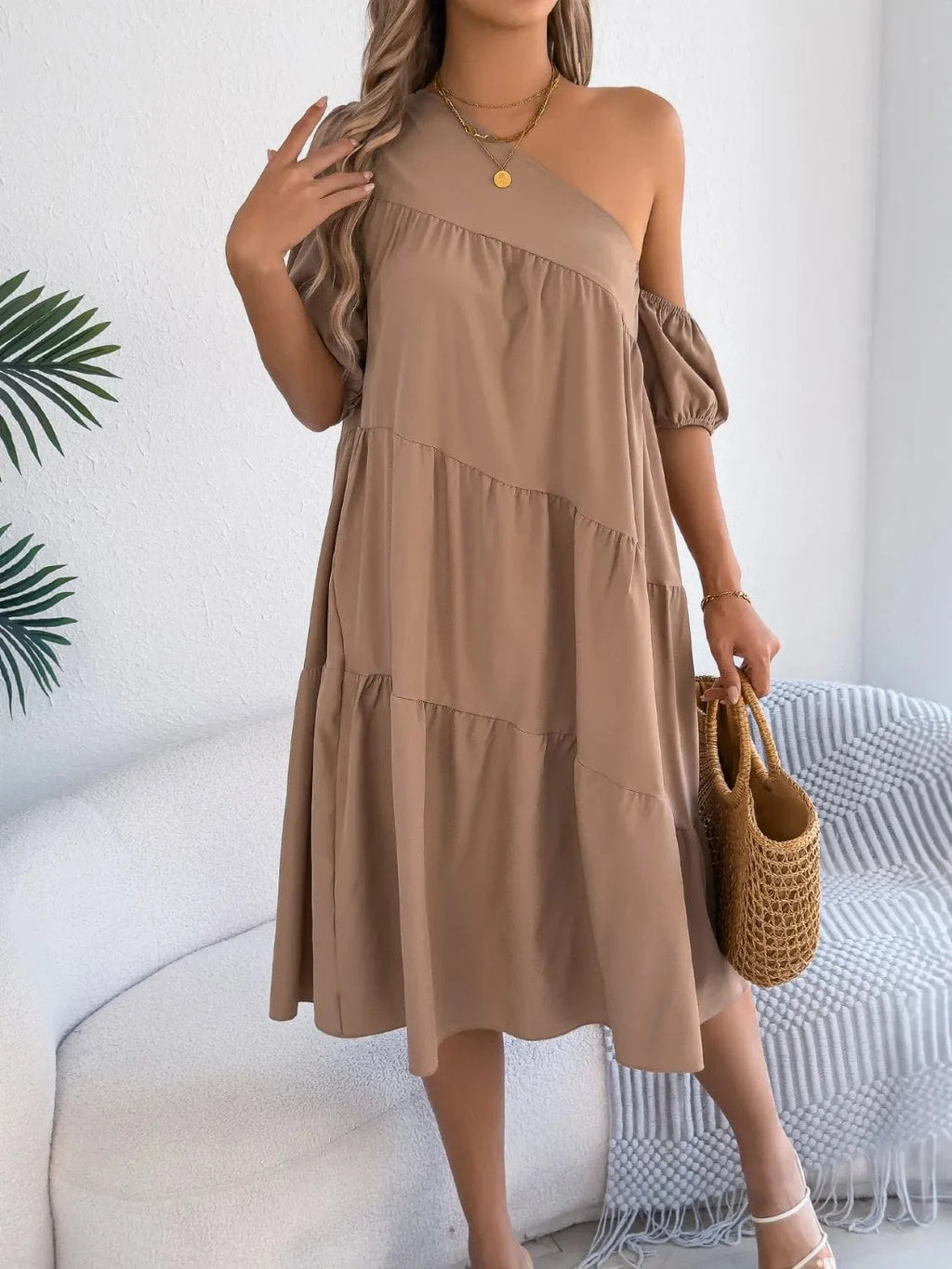 Single Shoulder Tiered Dress - ShalayeFashion