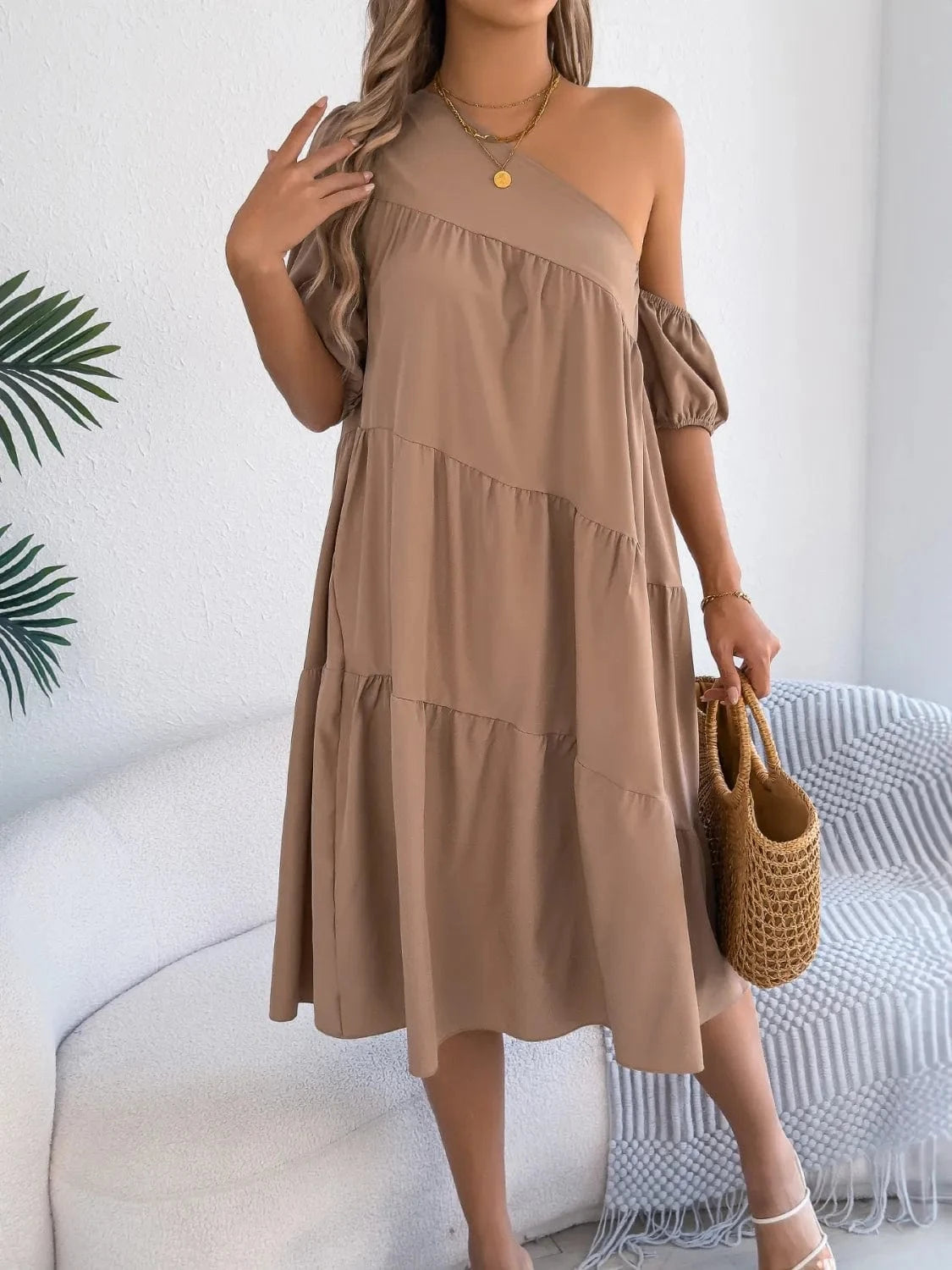 Single Shoulder Tiered Dress - ShalayeFashion