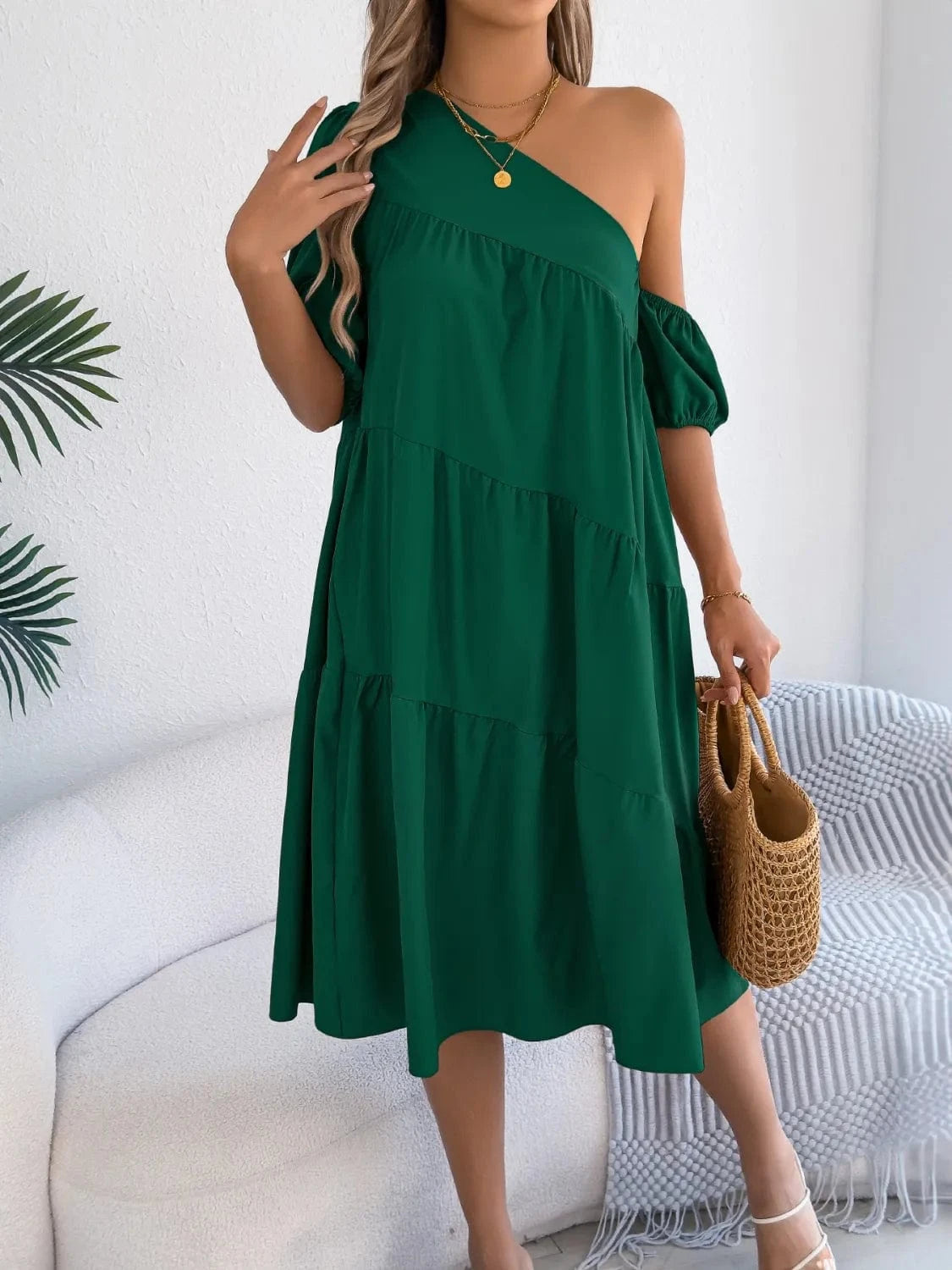 Single Shoulder Tiered Dress - ShalayeFashion