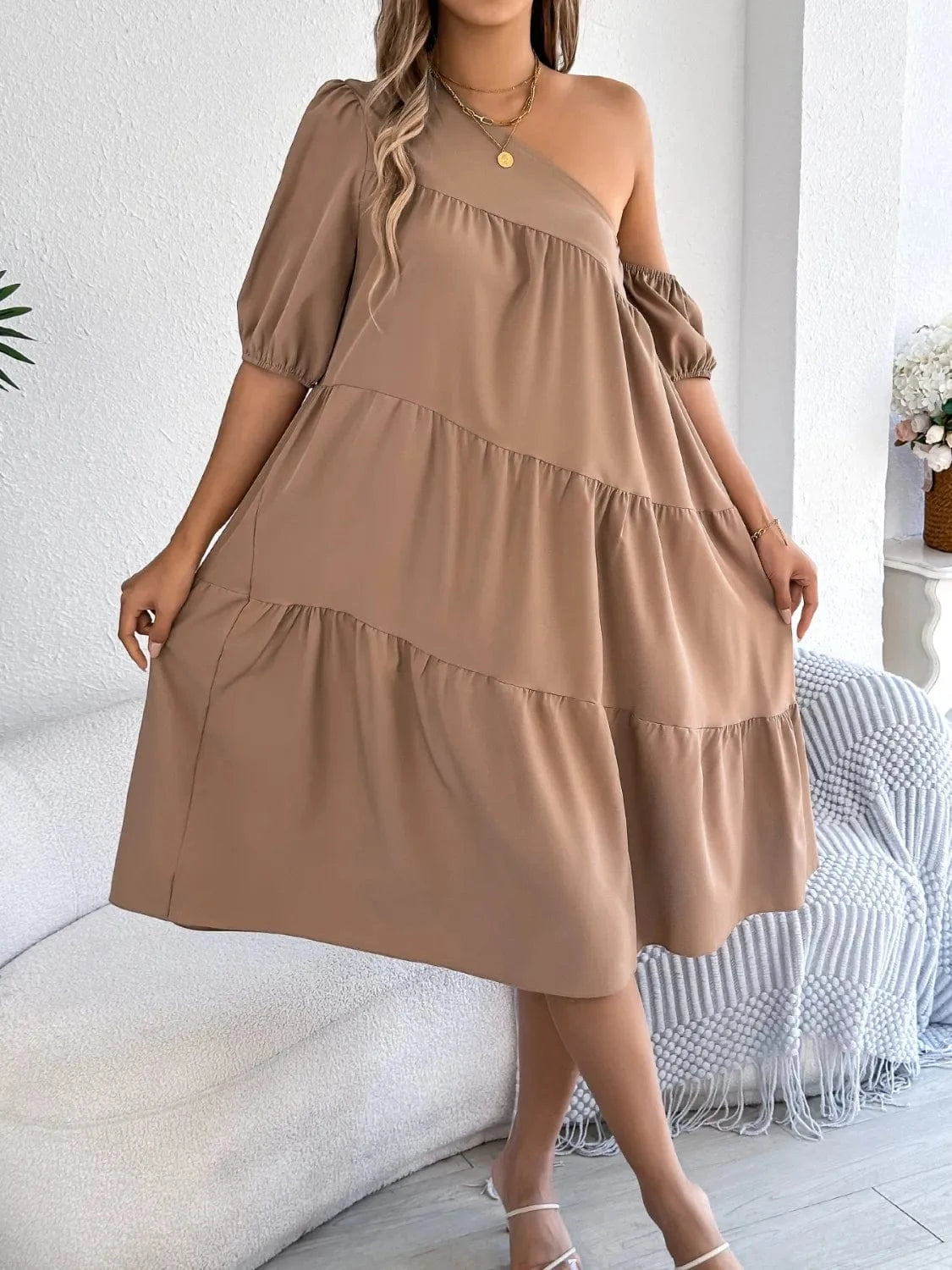 Single Shoulder Tiered Dress - ShalayeFashion
