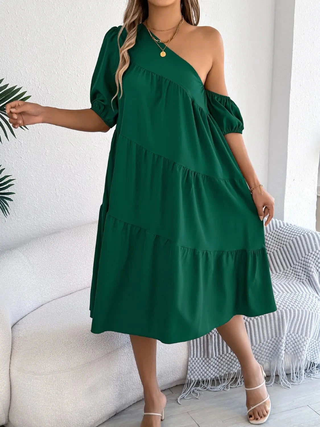 Single Shoulder Tiered Dress - ShalayeFashion