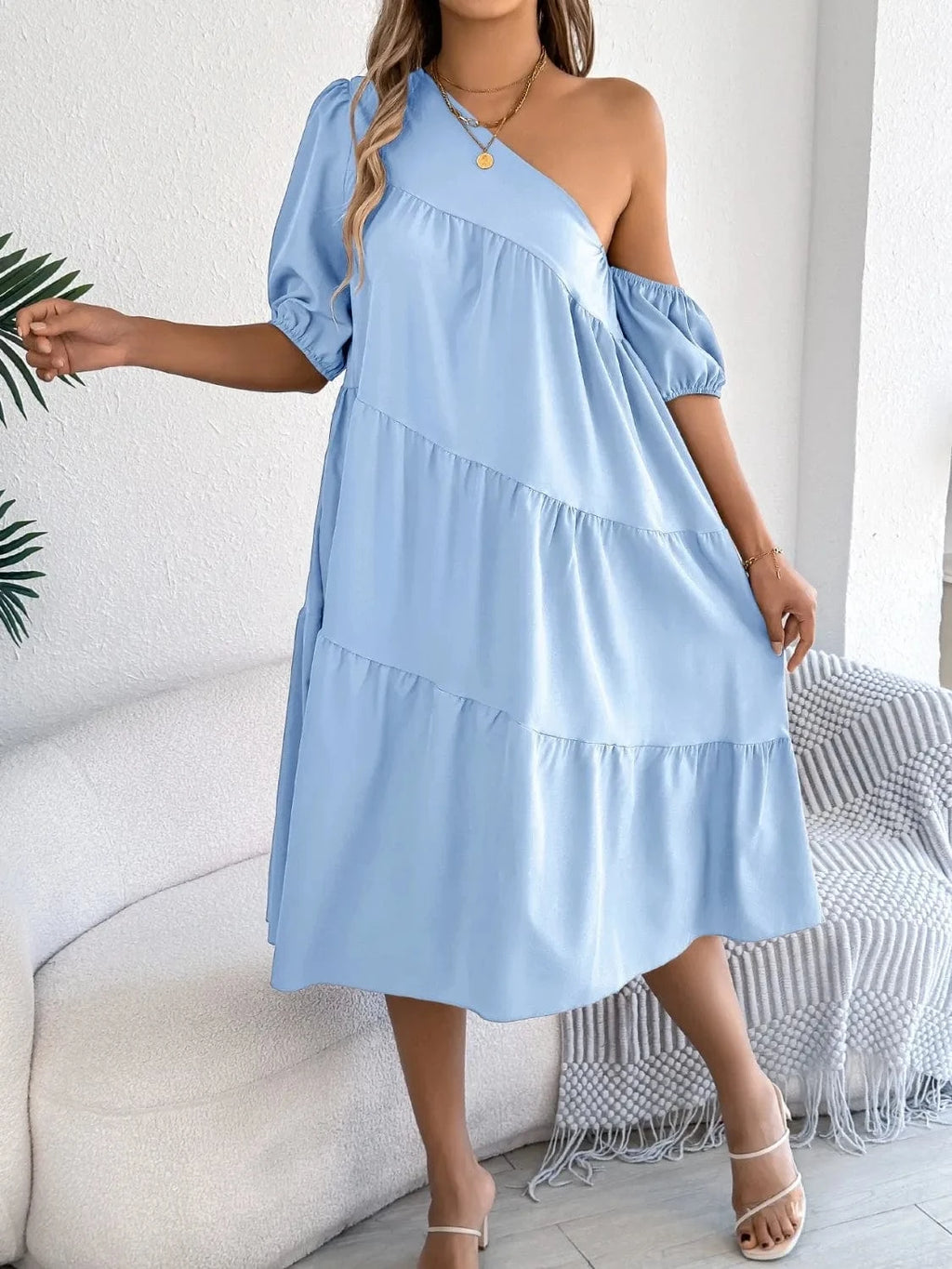 Single Shoulder Tiered Dress - ShalayeFashion