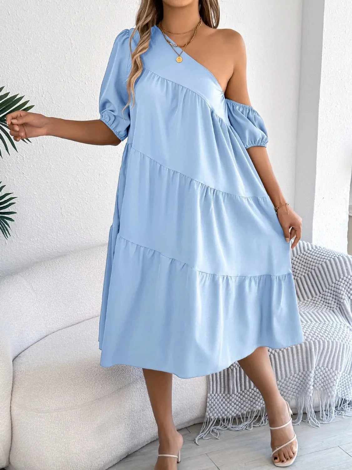 Single Shoulder Tiered Dress - ShalayeFashion