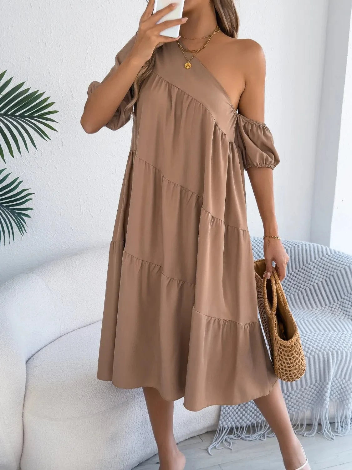 Single Shoulder Tiered Dress - ShalayeFashion