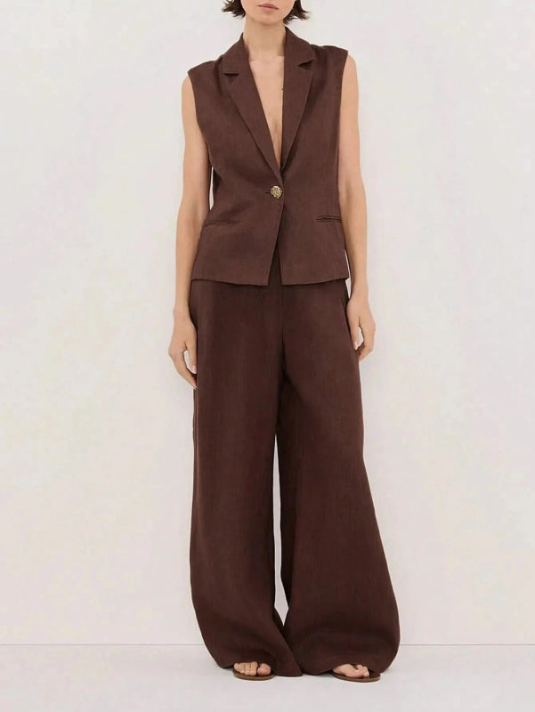 Sleeveless Blazer and Wide Leg Pants Set - ShalayeFashion
