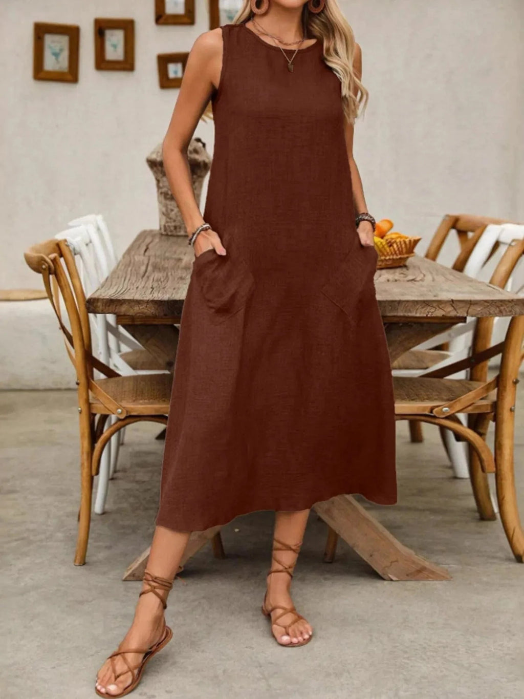 Sleeveless Midi Dress with Pockets - ShalayeFashion