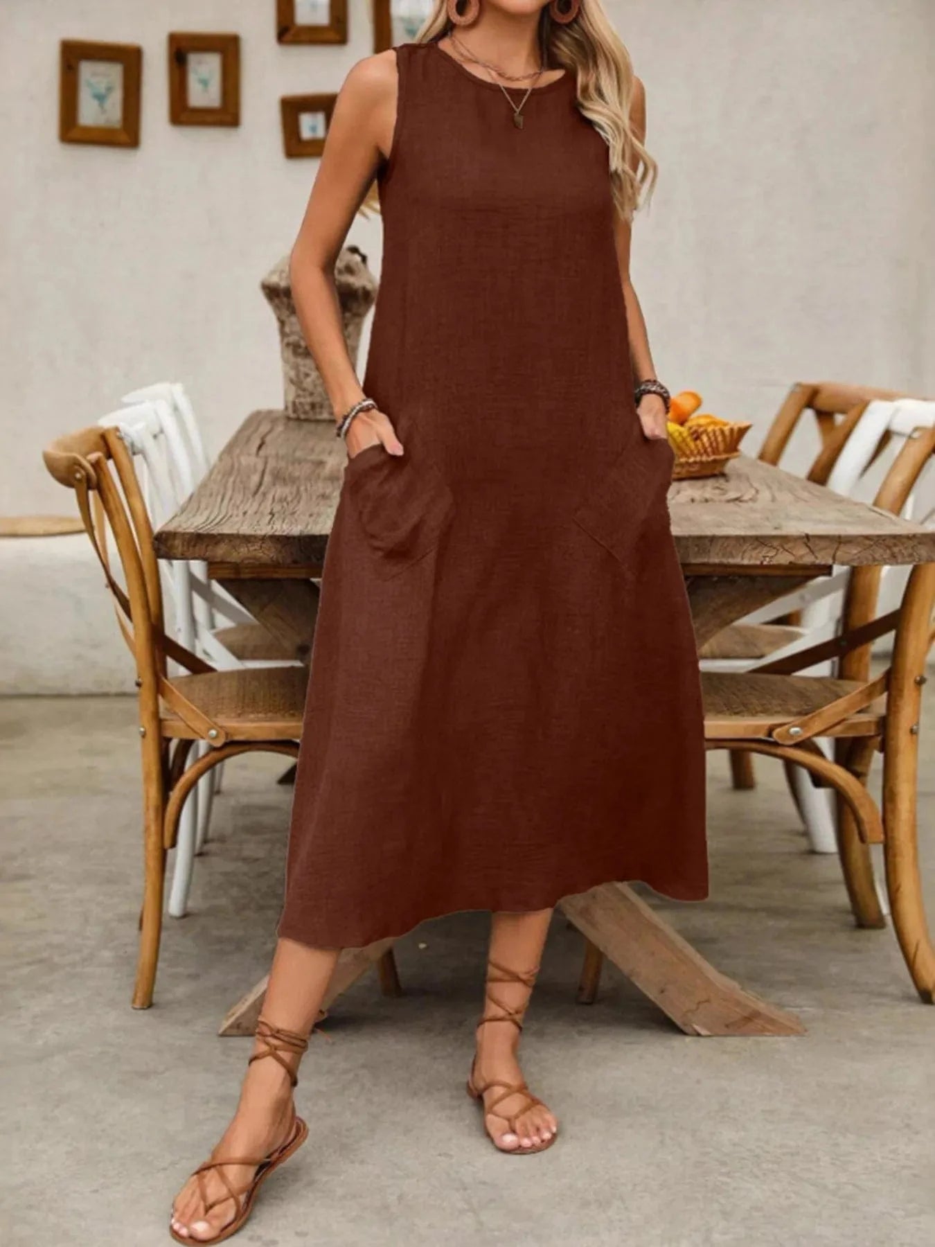 Sleeveless Midi Dress with Pockets - ShalayeFashion