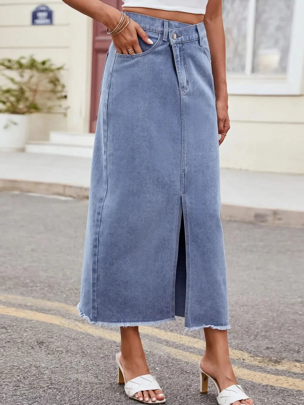 Slit Asymmetrical Waist Denim Skirt - ShalayeFashion