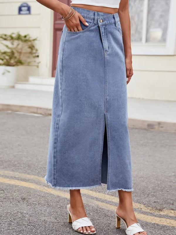 Slit Asymmetrical Waist Denim Skirt - ShalayeFashion