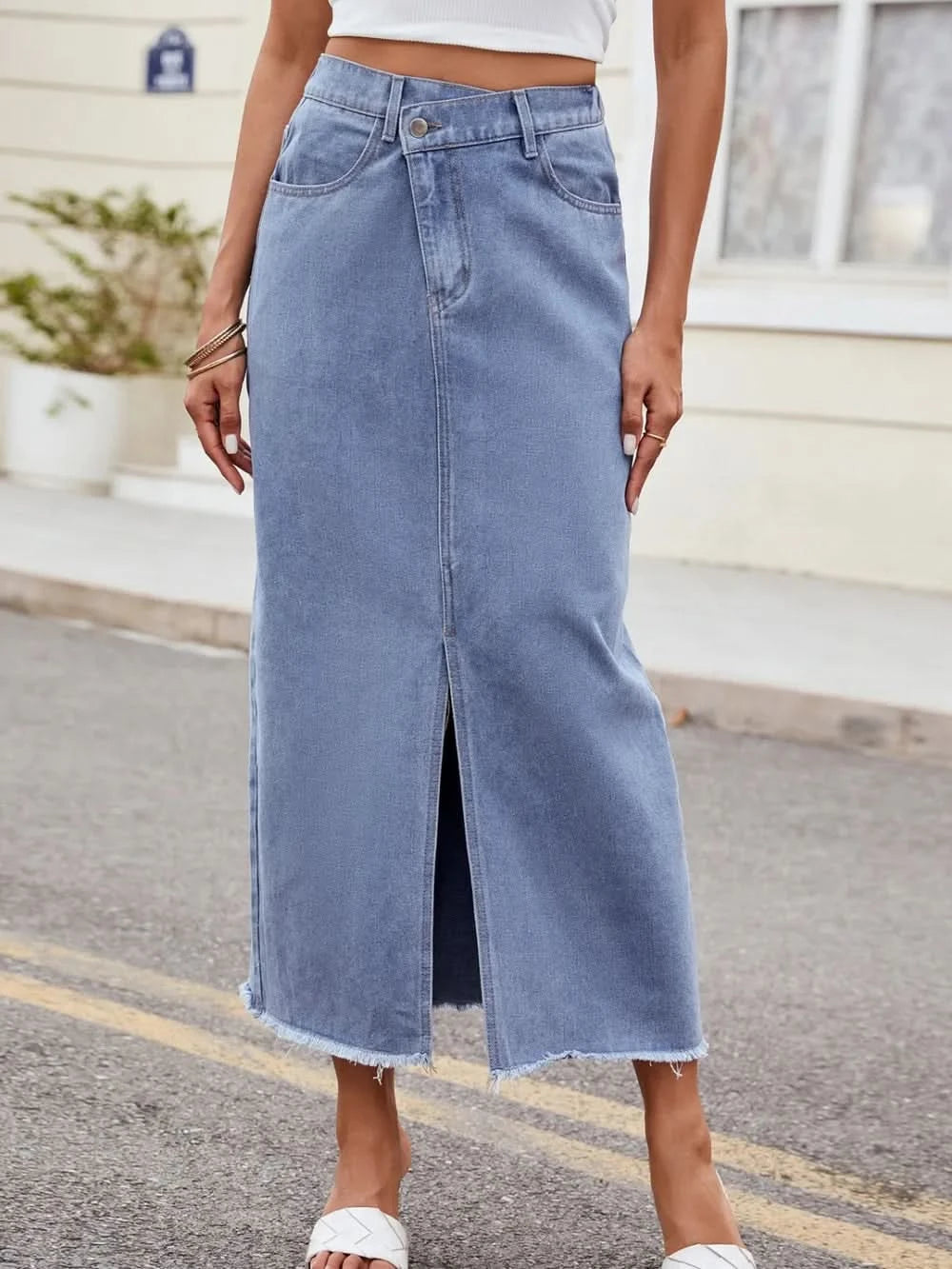 Slit Asymmetrical Waist Denim Skirt - ShalayeFashion