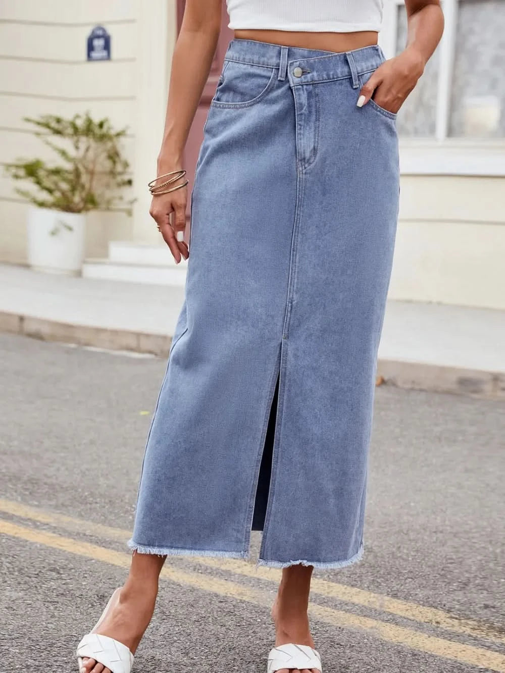 Slit Asymmetrical Waist Denim Skirt - ShalayeFashion